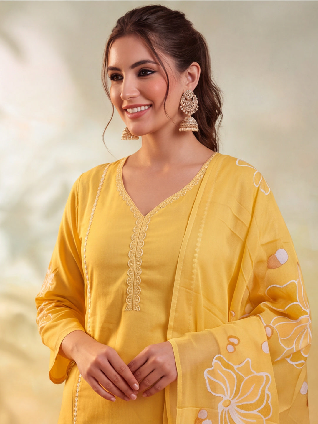 Women Floral Embroidery Yellow Kurta Set with Dupatta