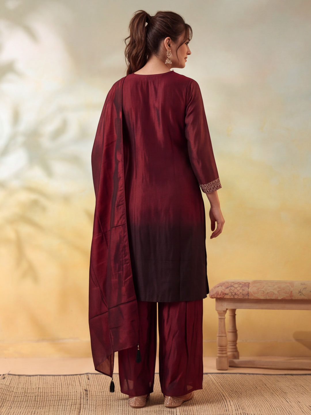 Women Embroidery Maroon Kurta Set with Dupatta