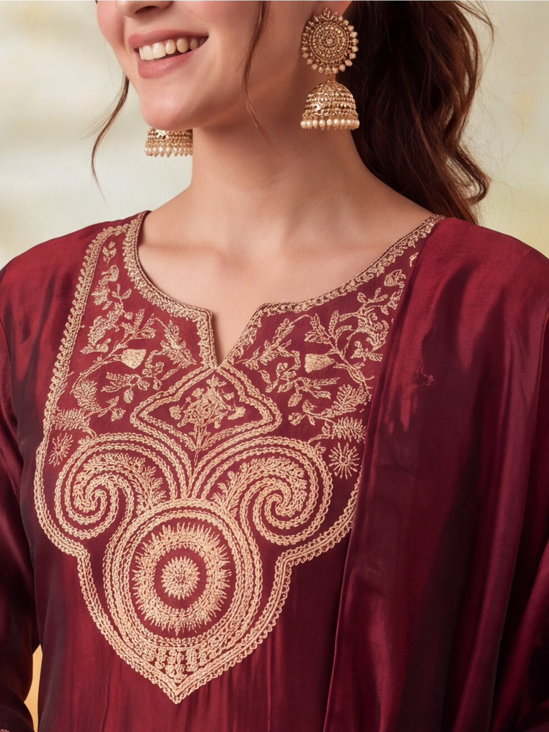 Women Embroidery Maroon Kurta Set with Dupatta