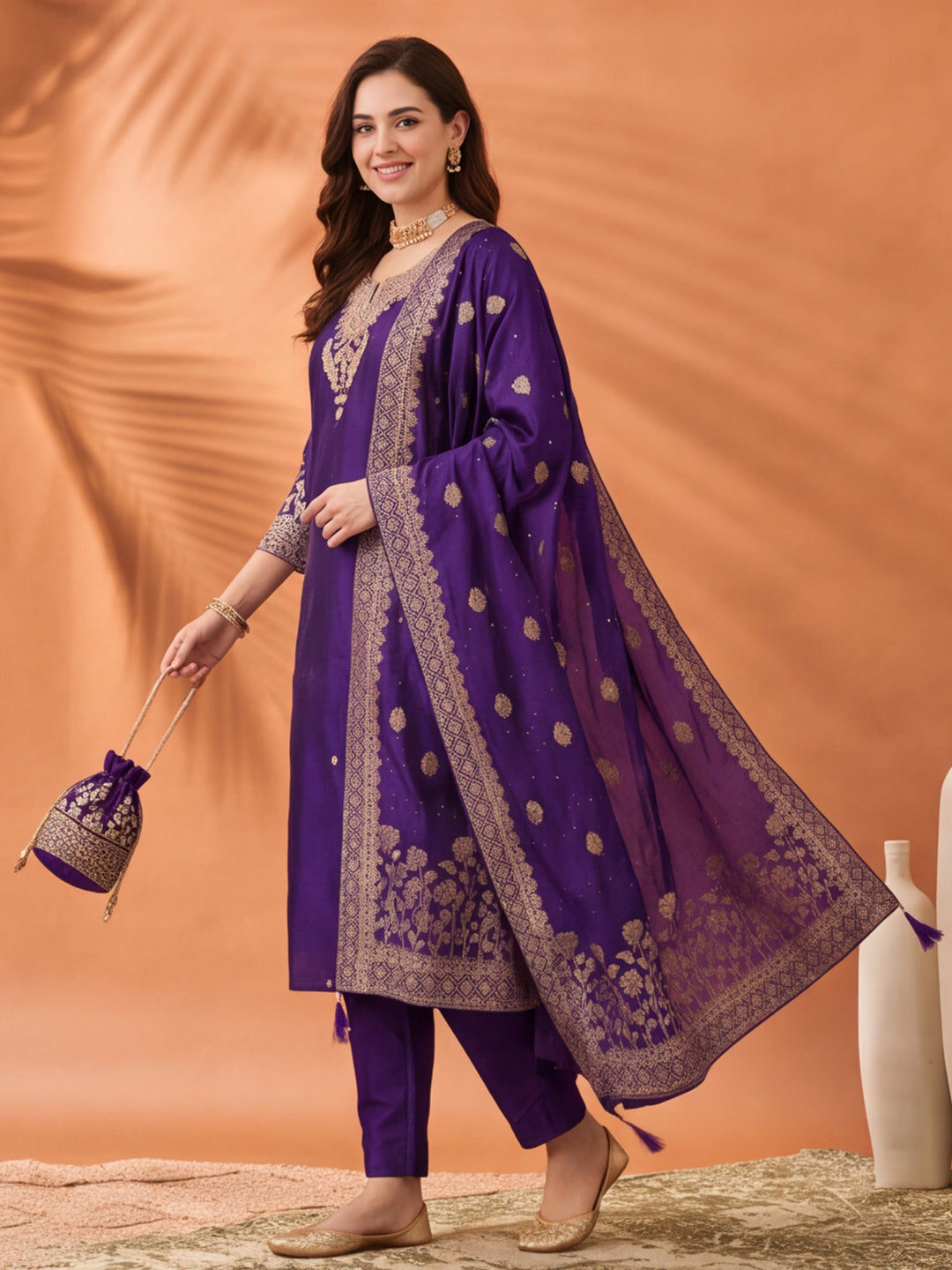 Women's Purple Embroidered Kurta Set with Dupatta | Zari Festive Ethnic Straight Suit