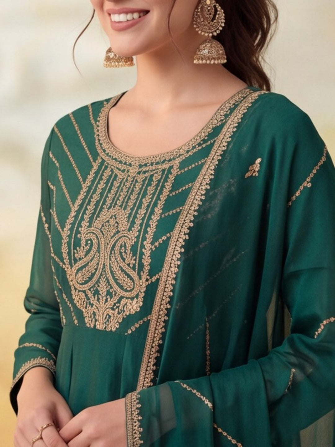 Women Embroidery Bottle Green Kurta Set with Dupatta