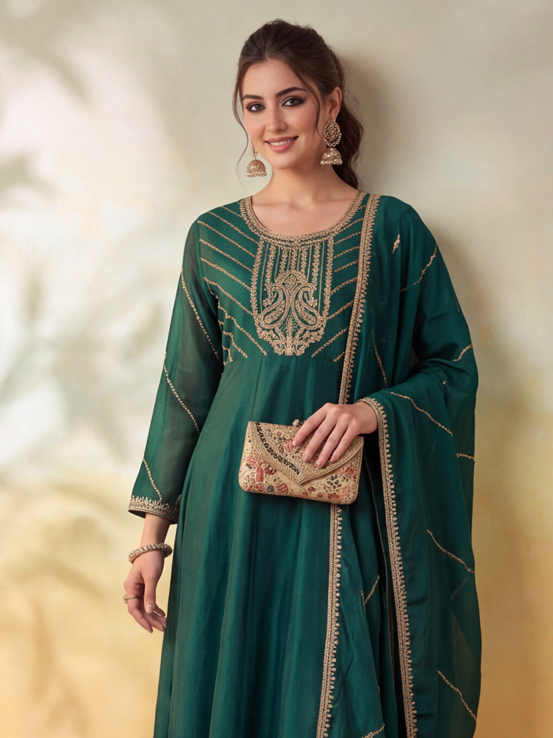 Women Embroidery Bottle Green Kurta Set with Dupatta
