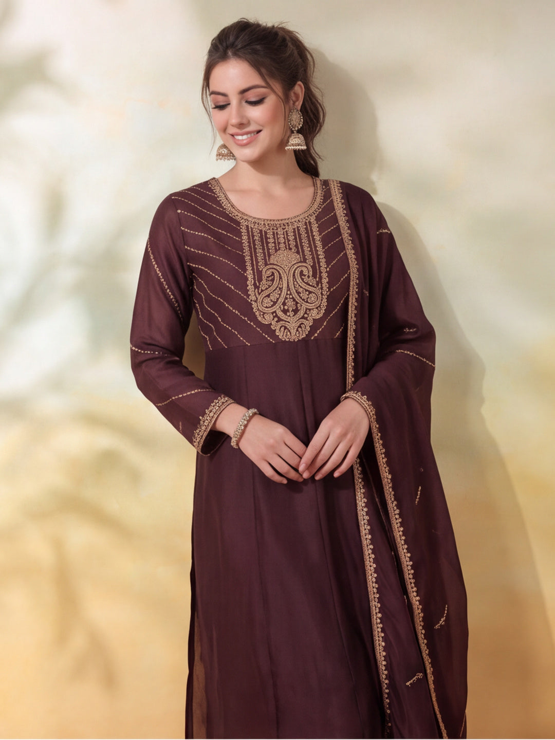 Women Embroidery Coffee Brown Kurta Set with Dupatta