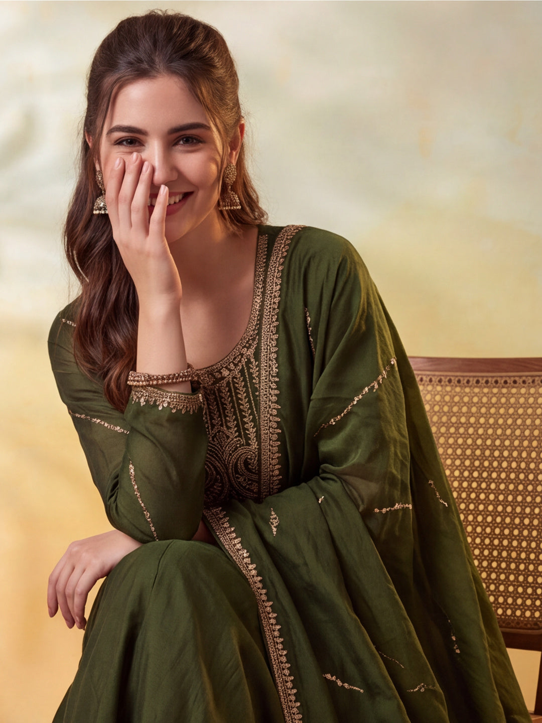 Women Embroidery Mehndi Green Kurta Set with Dupatta