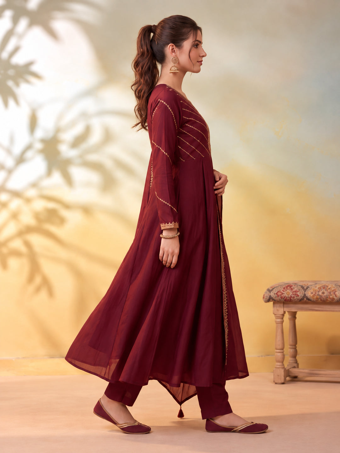 Women Embroidery Maroon Kurta Set with Dupatta