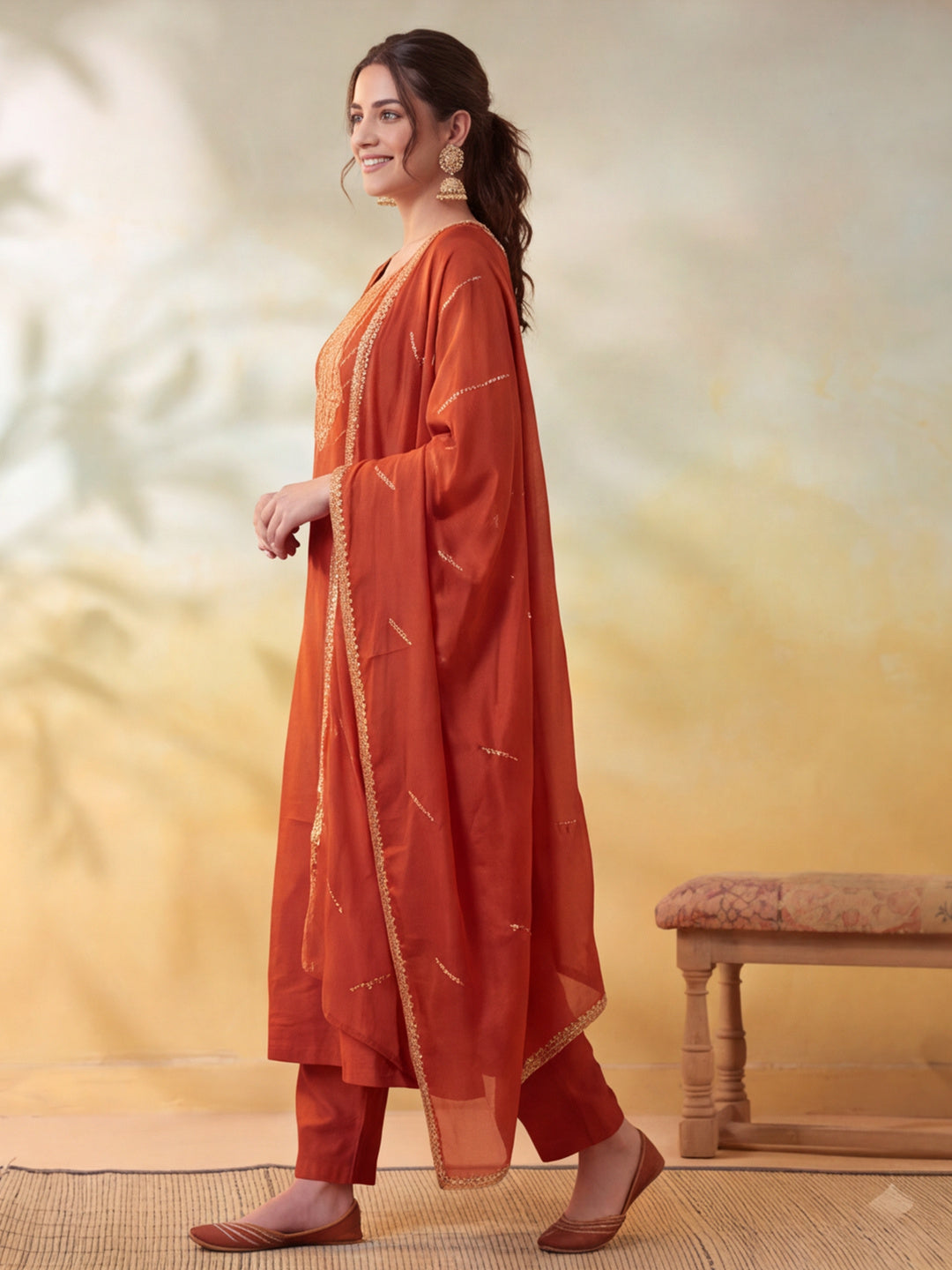 Women Embroidery Rust Kurta Set with Dupatta