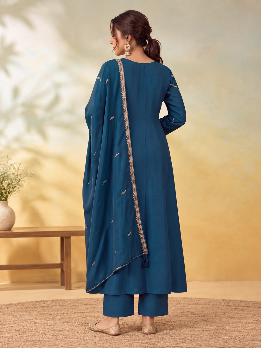 Women Embroidery Teal Kurta Set with Dupatta