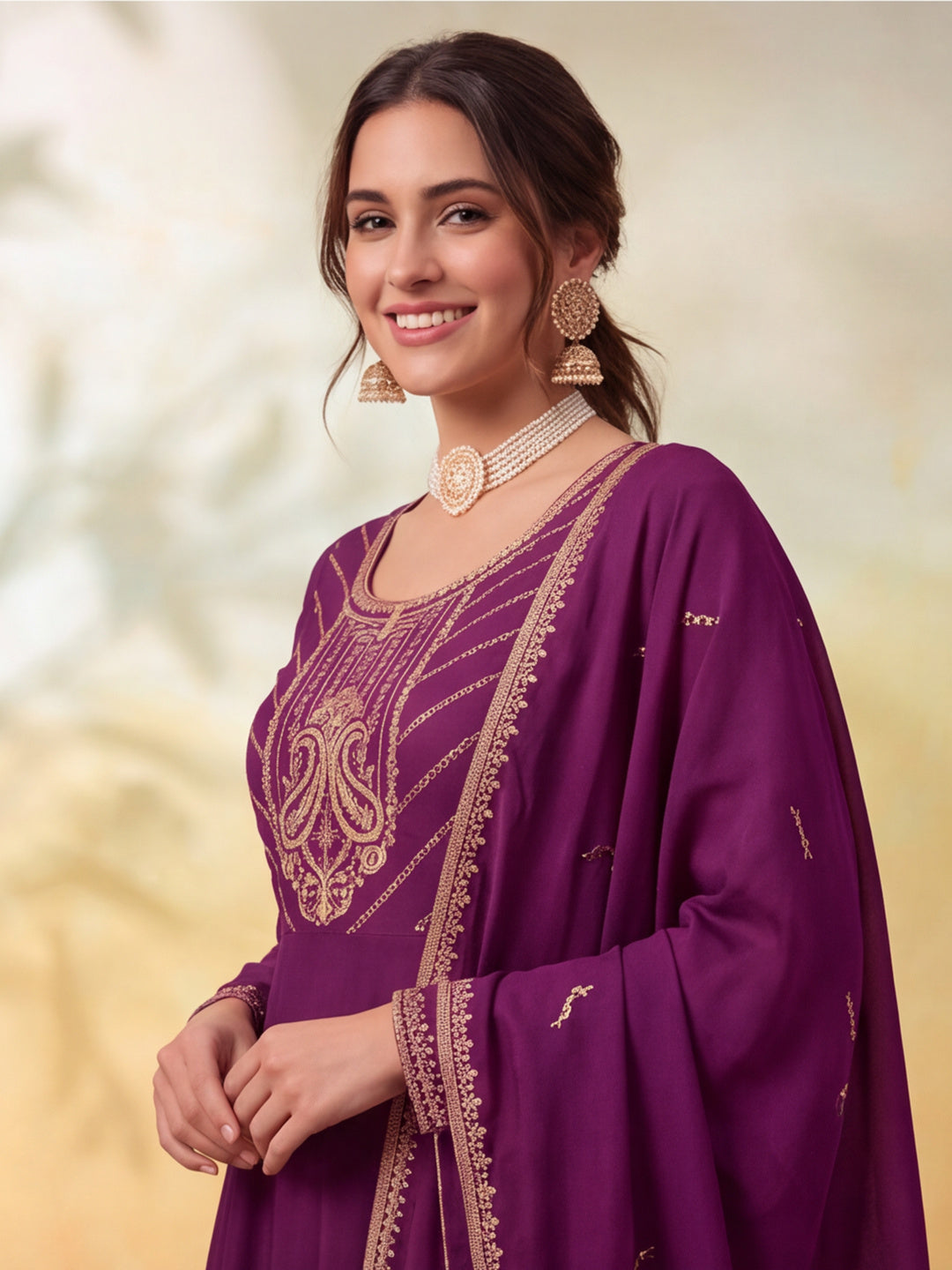 Women Embroidery Wine Kurta Set with Dupatta