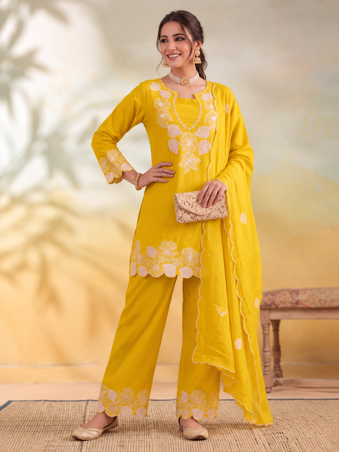 Women Floral Embroidery Yellow Kurta Set with Dupatta