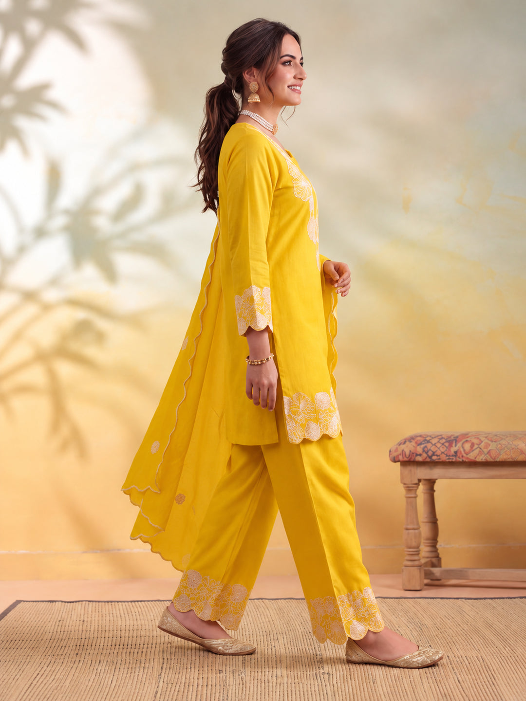 Women Floral Embroidery Yellow Kurta Set with Dupatta