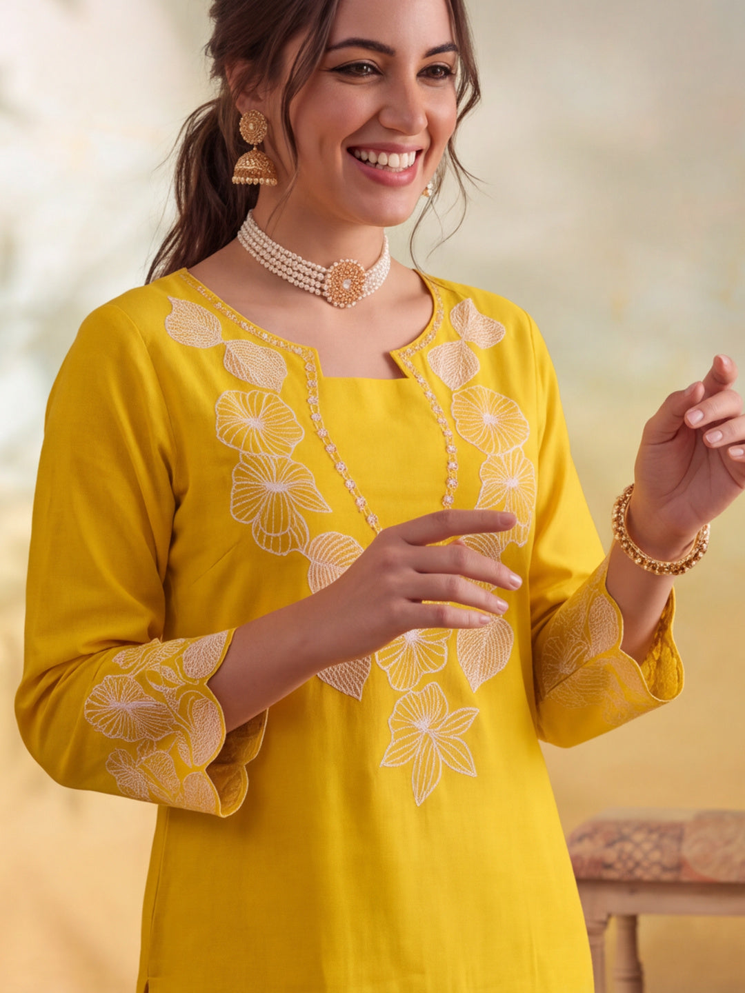 Women Floral Embroidery Yellow Kurta Set with Dupatta