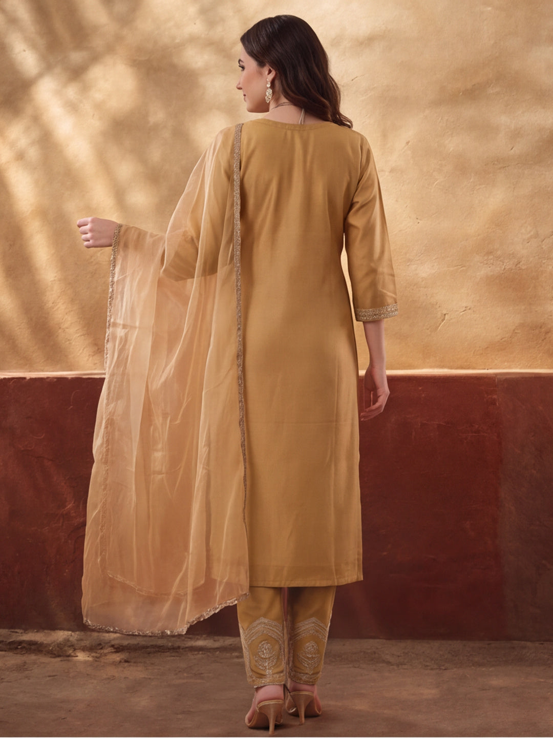 Women's Mustard Embroidered Kurta Set with Dupatta | Festive Straight Ethnic Suit