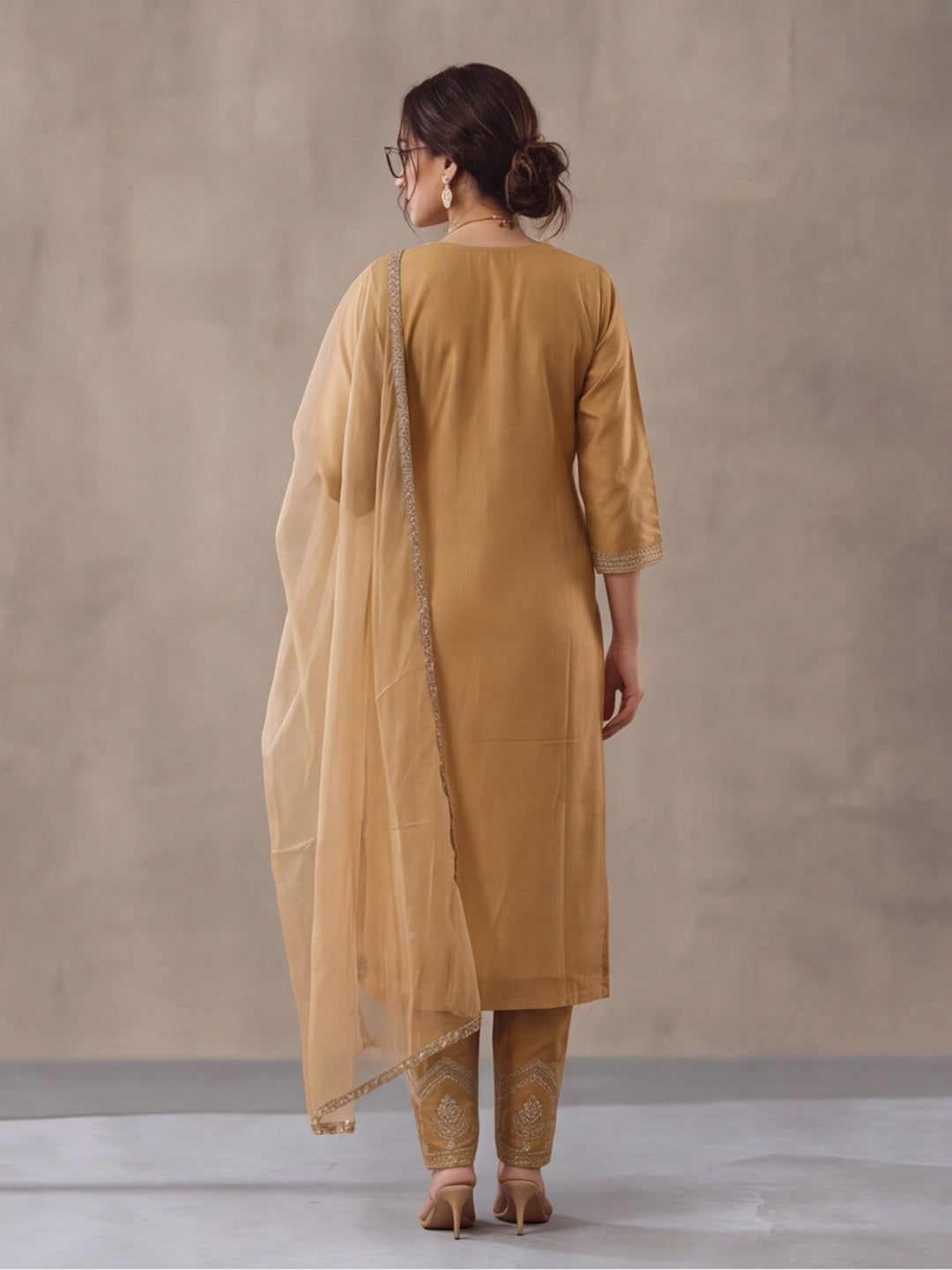 Women's Mustard Embroidered Kurta Set with Dupatta | Festive Straight Ethnic Suit