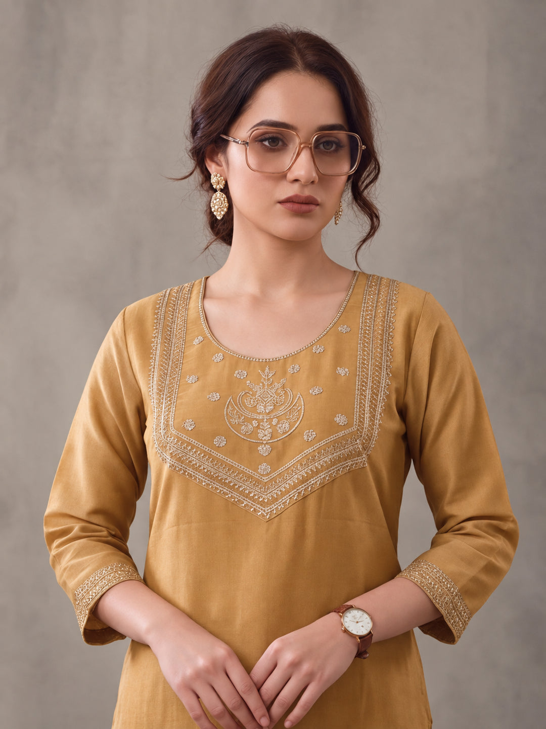 Women's Mustard Embroidered Kurta Set with Dupatta | Festive Straight Ethnic Suit