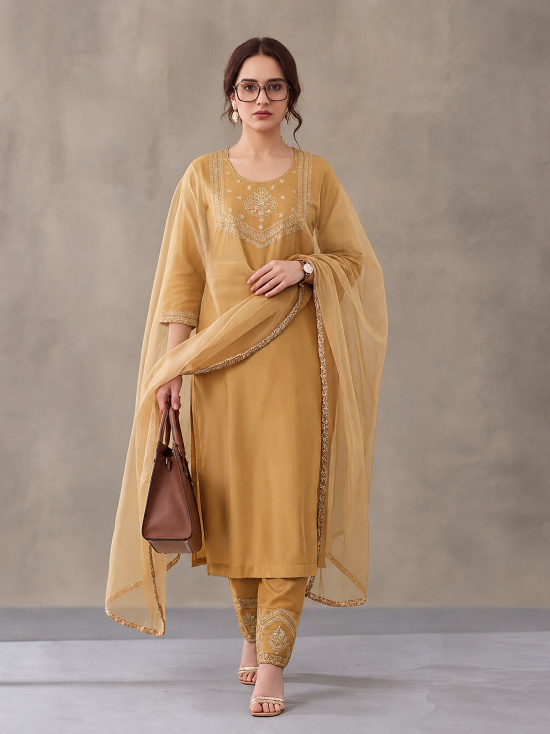 Women's Mustard Embroidered Kurta Set with Dupatta | Festive Straight Ethnic Suit