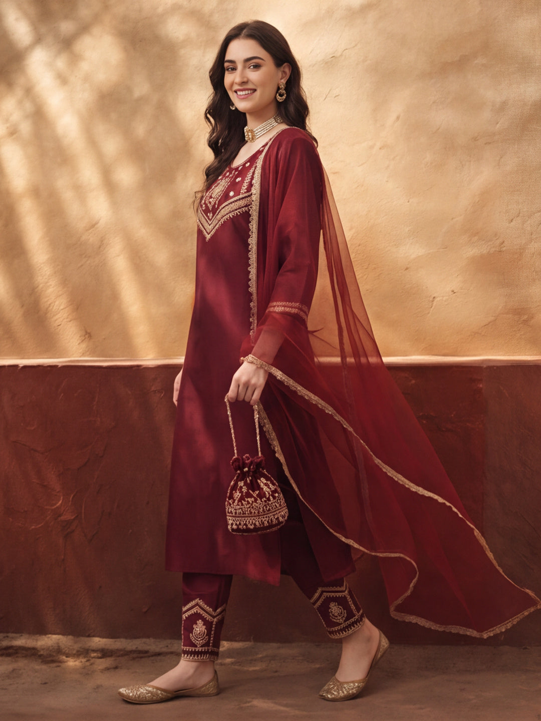 Women's Maroon Embroidered Kurta Set with Dupatta | Festive Straight Ethnic Suit