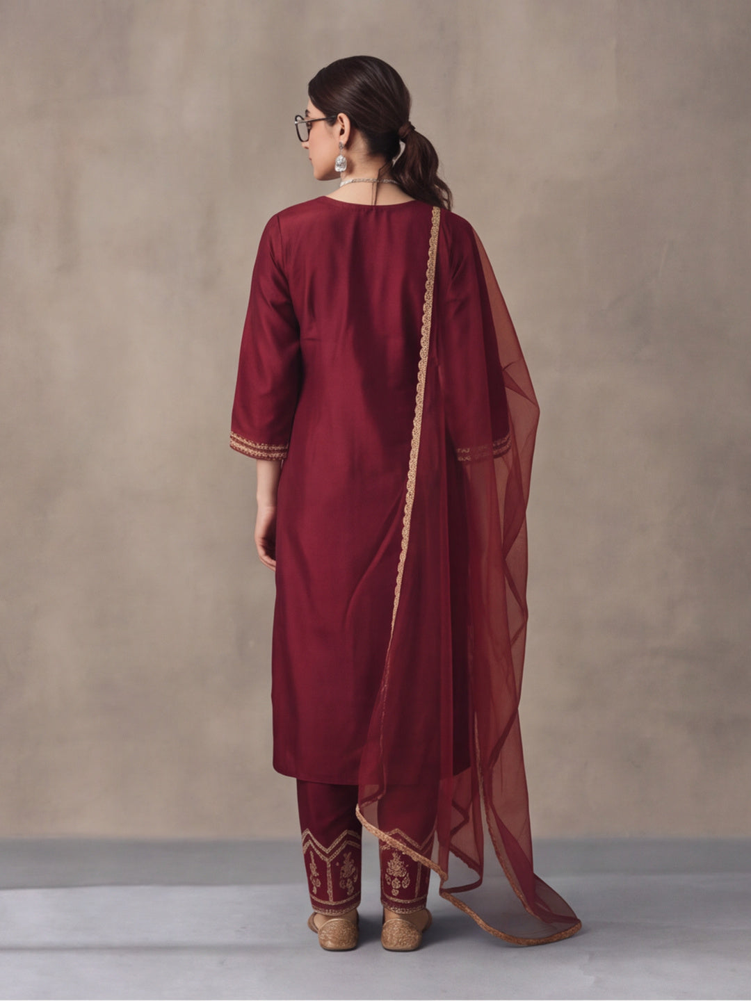 Women's Maroon Embroidered Kurta Set with Dupatta | Festive Straight Ethnic Suit