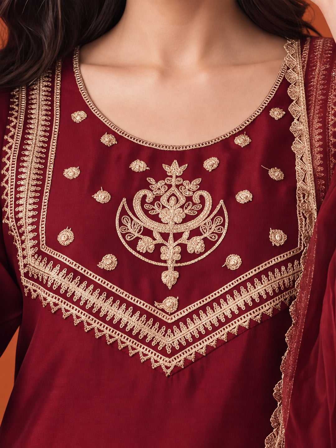Women's Maroon Embroidered Kurta Set with Dupatta | Festive Straight Ethnic Suit