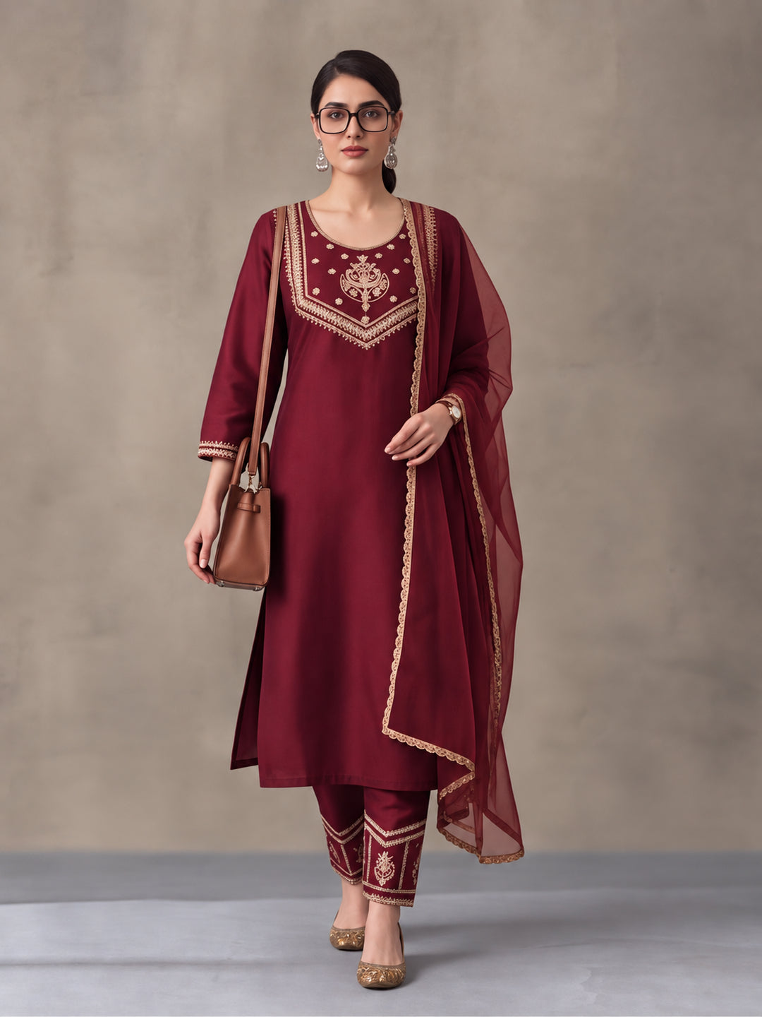 Women's Maroon Embroidered Kurta Set with Dupatta | Festive Straight Ethnic Suit