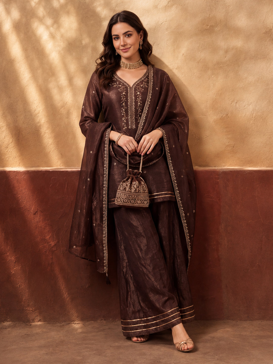Women's Brown Embroidered Kurta Sharara Set with Dupatta | Festive Ethnic Party Wear Suit