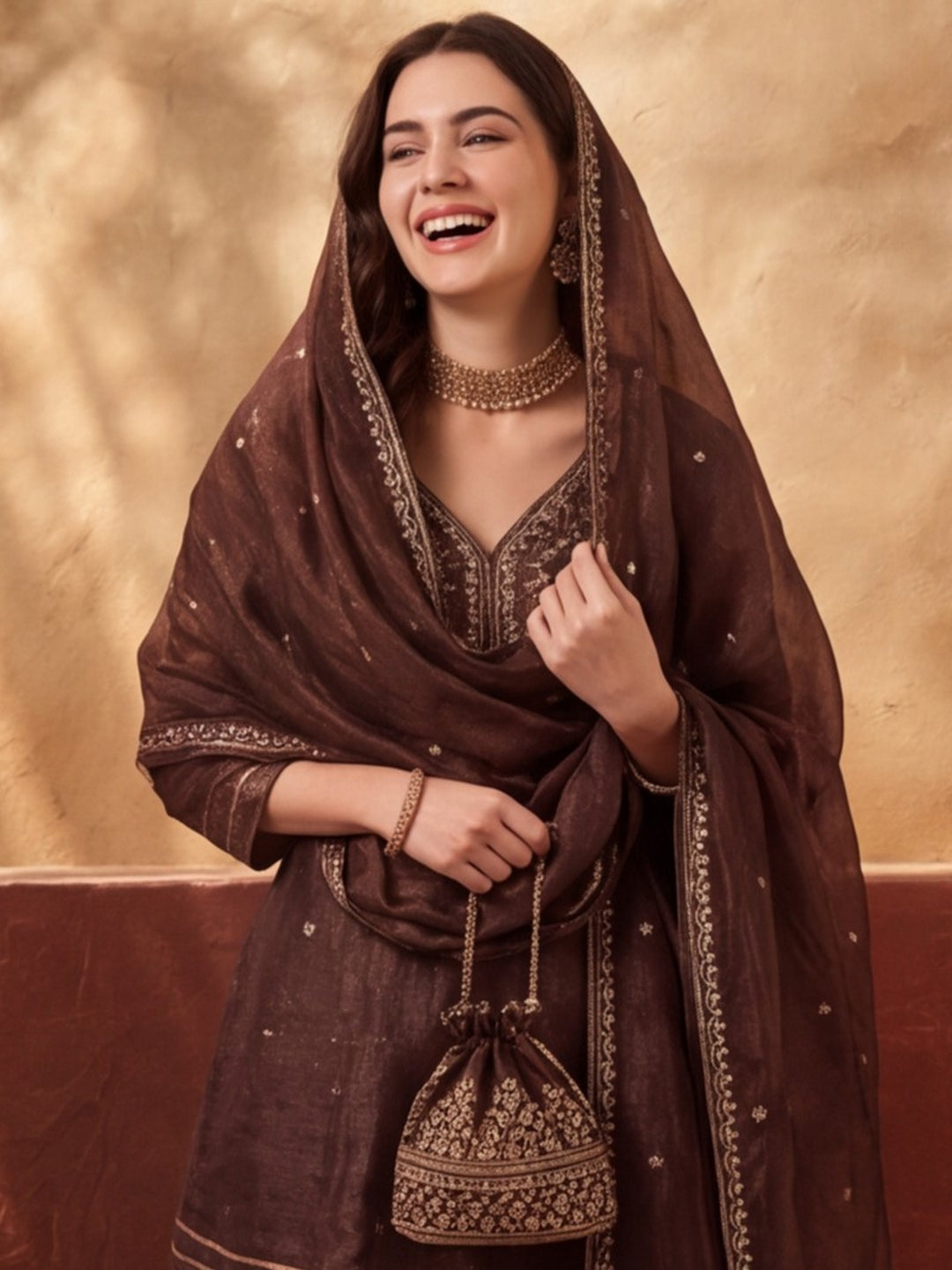 Women's Brown Embroidered Kurta Sharara Set with Dupatta | Festive Ethnic Party Wear Suit