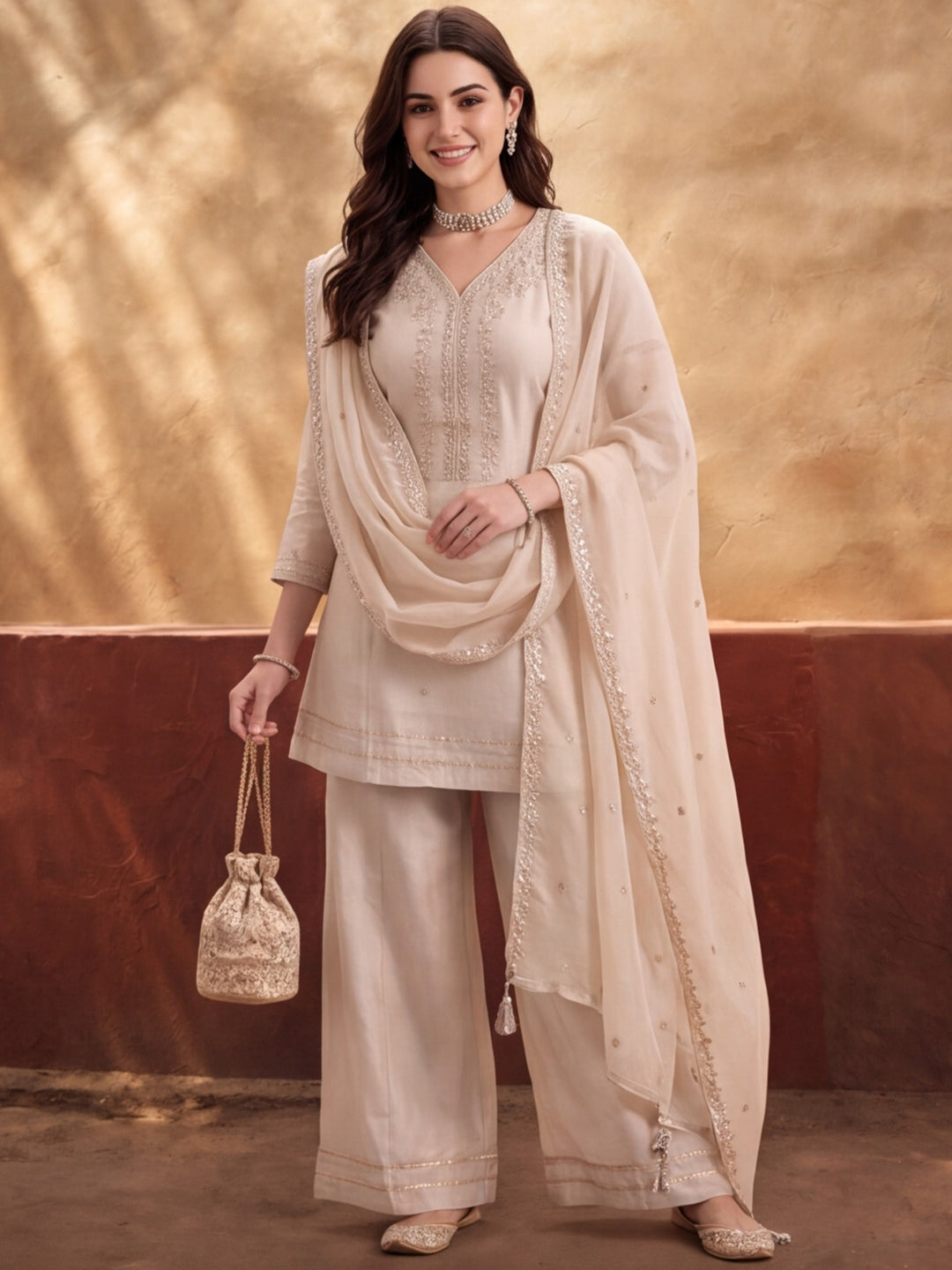 Women's Cream Embroidered Kurta Sharara Set with Dupatta | Festive Ethnic Party Wear Suit