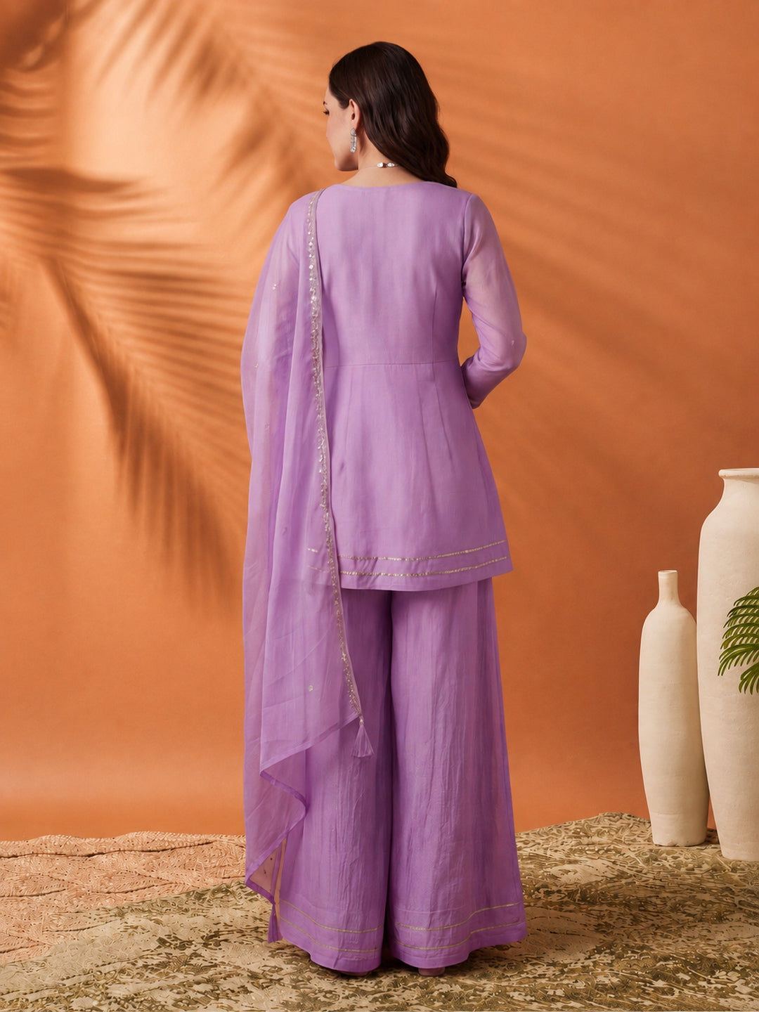 Women's Lavender Embroidered Kurta Sharara Set with Dupatta | Festive Ethnic Party Wear Suit