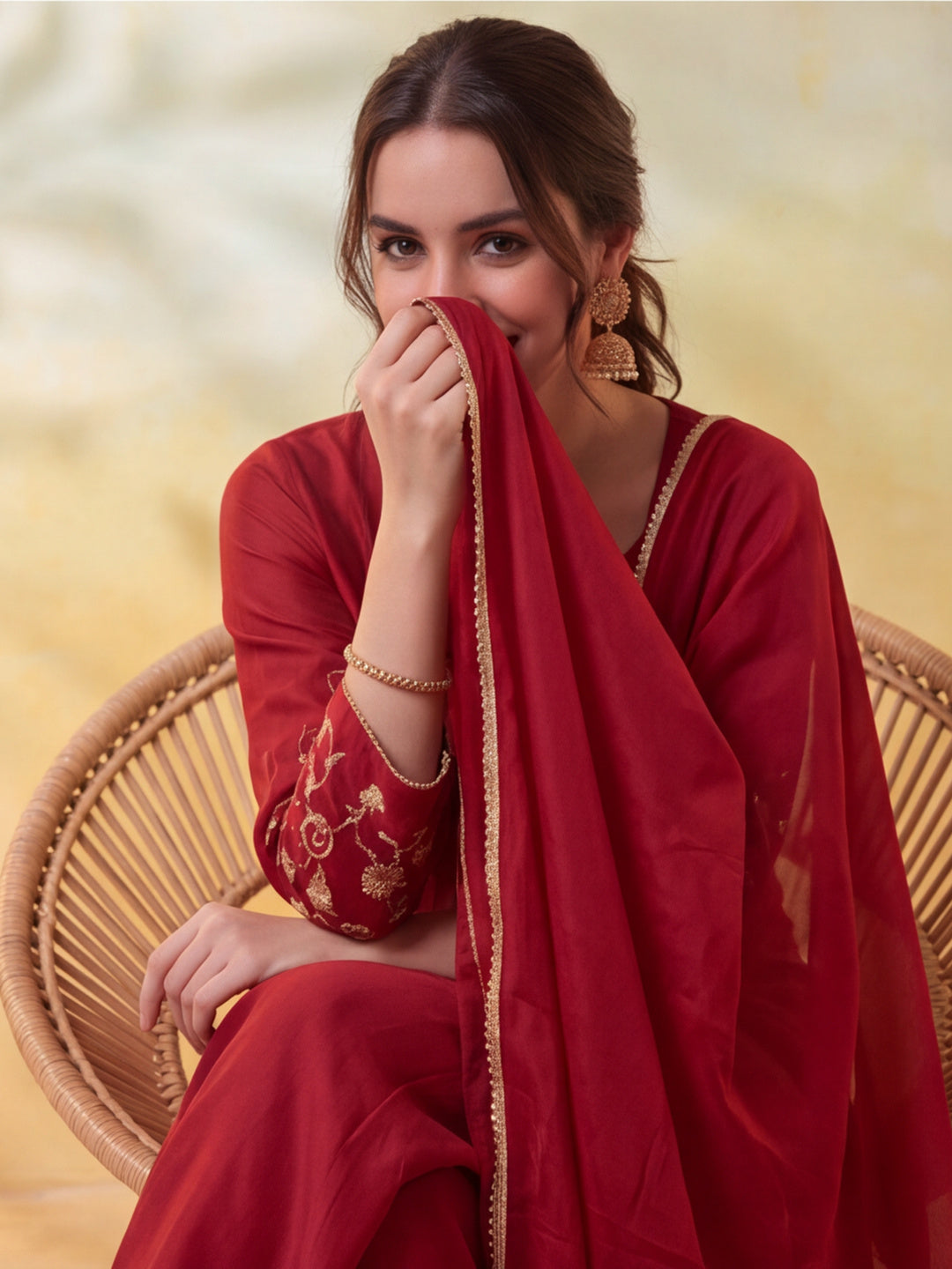 Women Embroidery Rust Kurta Set with Dupatta