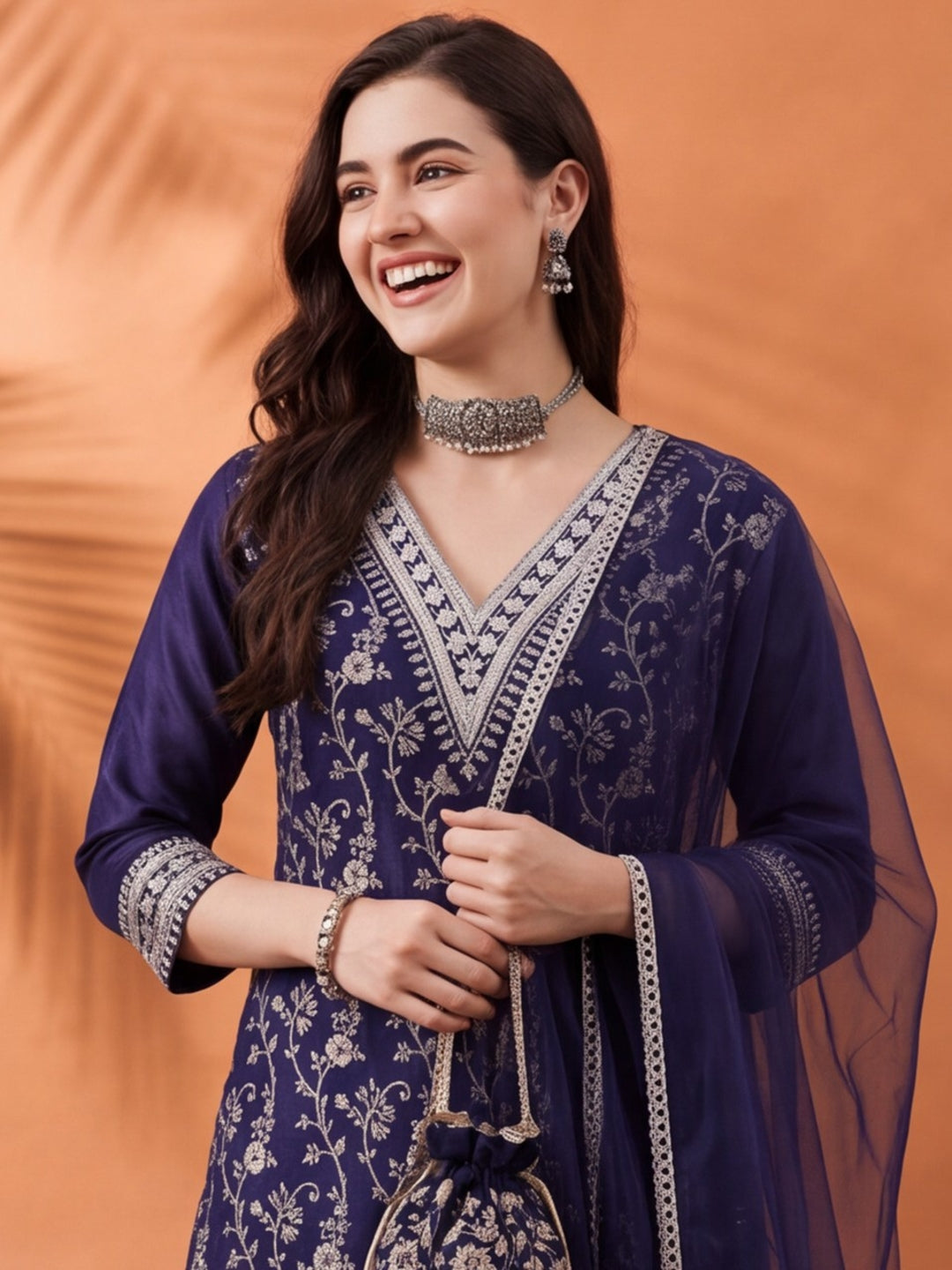 Women's Navy Blue Heavy Zari Weaving Kurta Set with Dupatta | Festive Ethnic Straight Suit