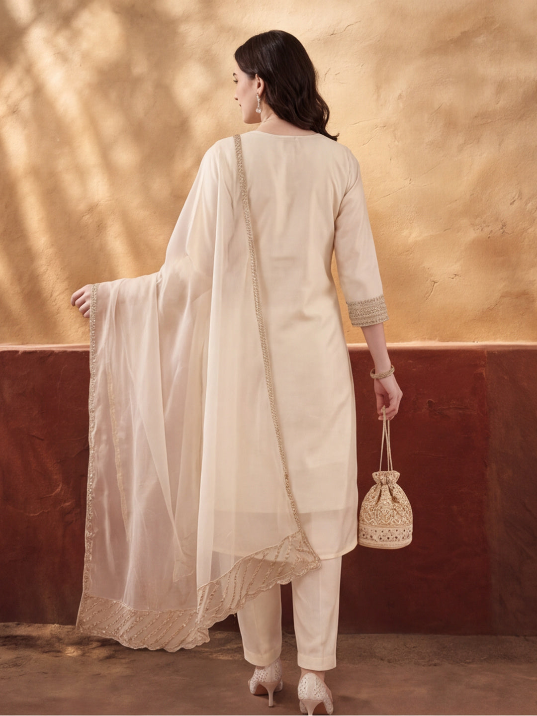 Women's Off White Heavy Zari Weaving Kurta Set with Dupatta | Festive Ethnic Straight Suit