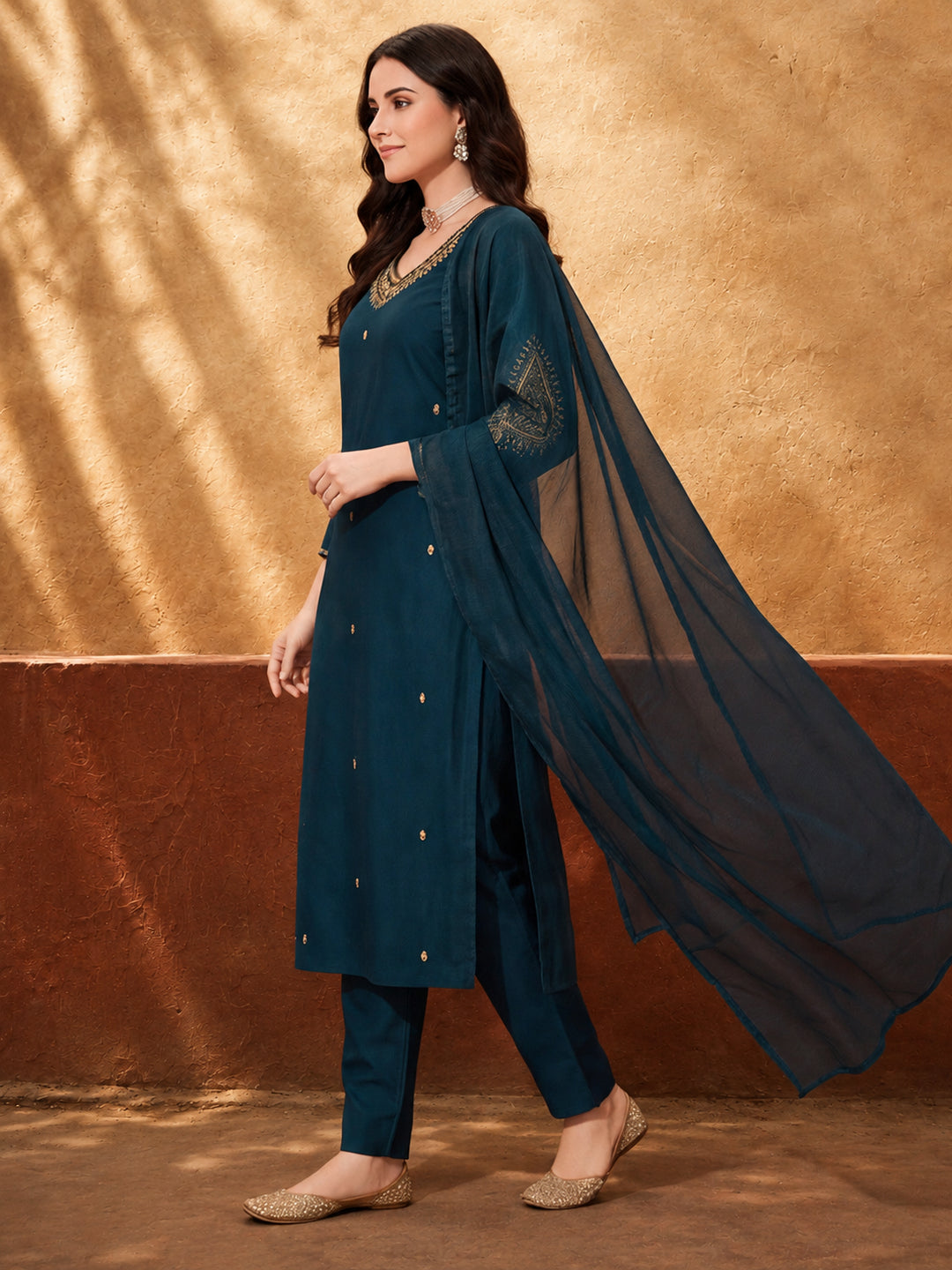 Women's Teal Green Embroidered Kurta Set with Dupatta | Festive Straight Ethnic Suit