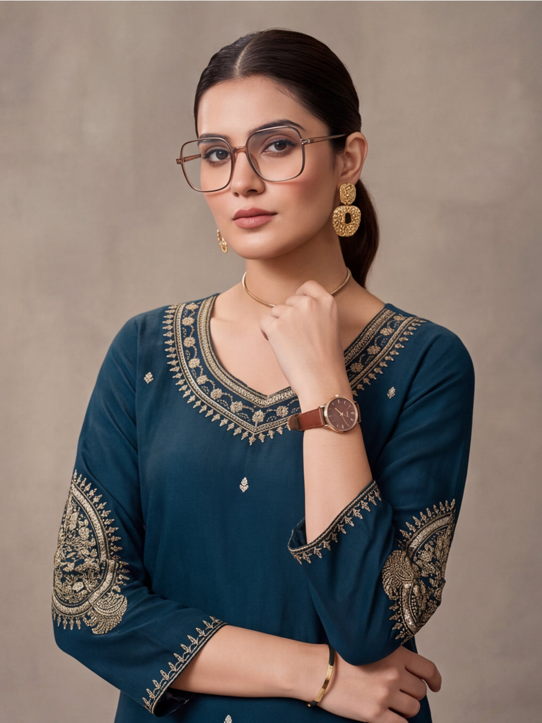 Women's Teal Green Embroidered Kurta Set with Dupatta | Festive Straight Ethnic Suit