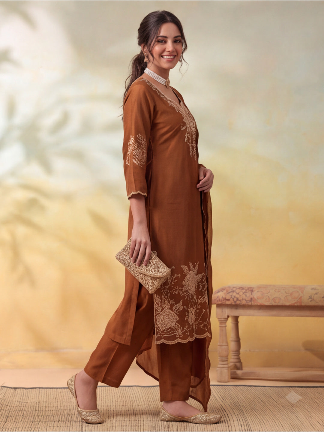 Women Embroidery Mocha Brown Kurta Set with Dupatta