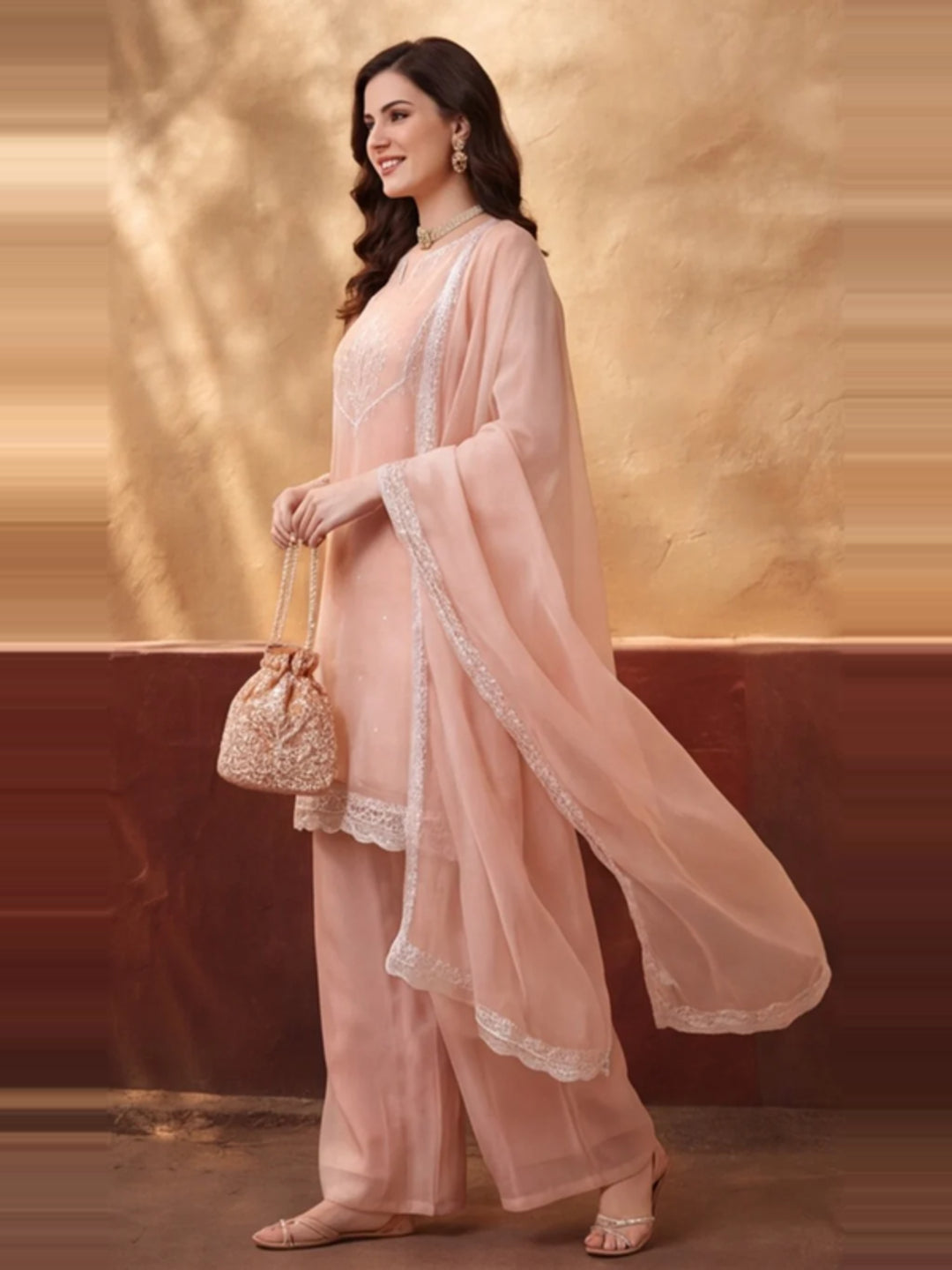 Women's Peach Embroidered Kurta Palazzo Set with Dupatta | Festive Ethnic Party Wear Suit