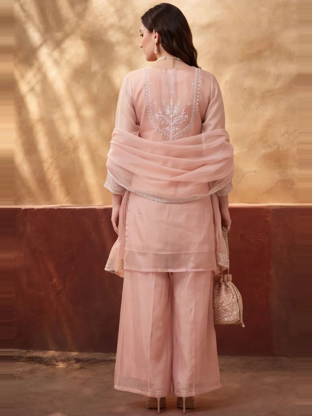 Women's Peach Embroidered Kurta Palazzo Set with Dupatta | Festive Ethnic Party Wear Suit