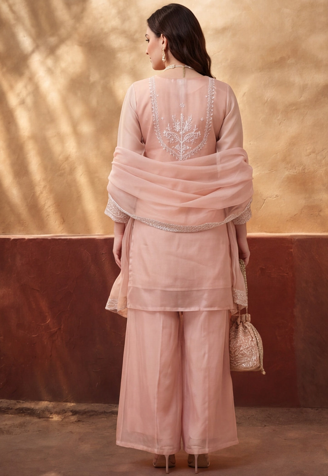 Women's Peach Embroidered Kurta Palazzo Set with Dupatta | Festive Ethnic Party Wear Suit