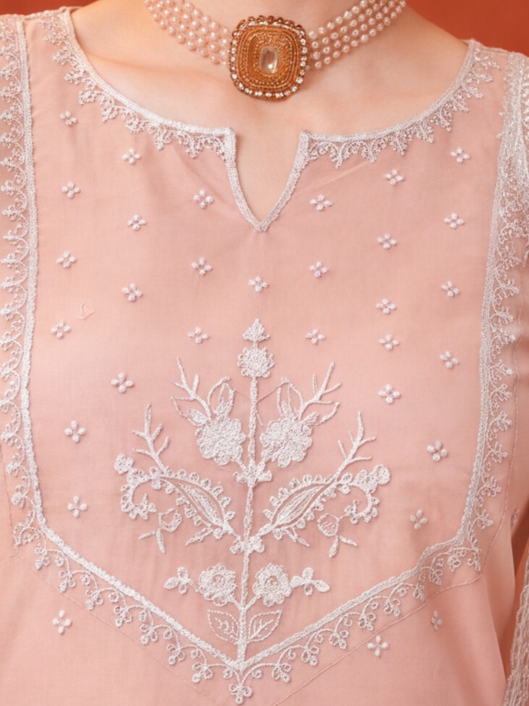 Women's Peach Embroidered Kurta Palazzo Set with Dupatta | Festive Ethnic Party Wear Suit