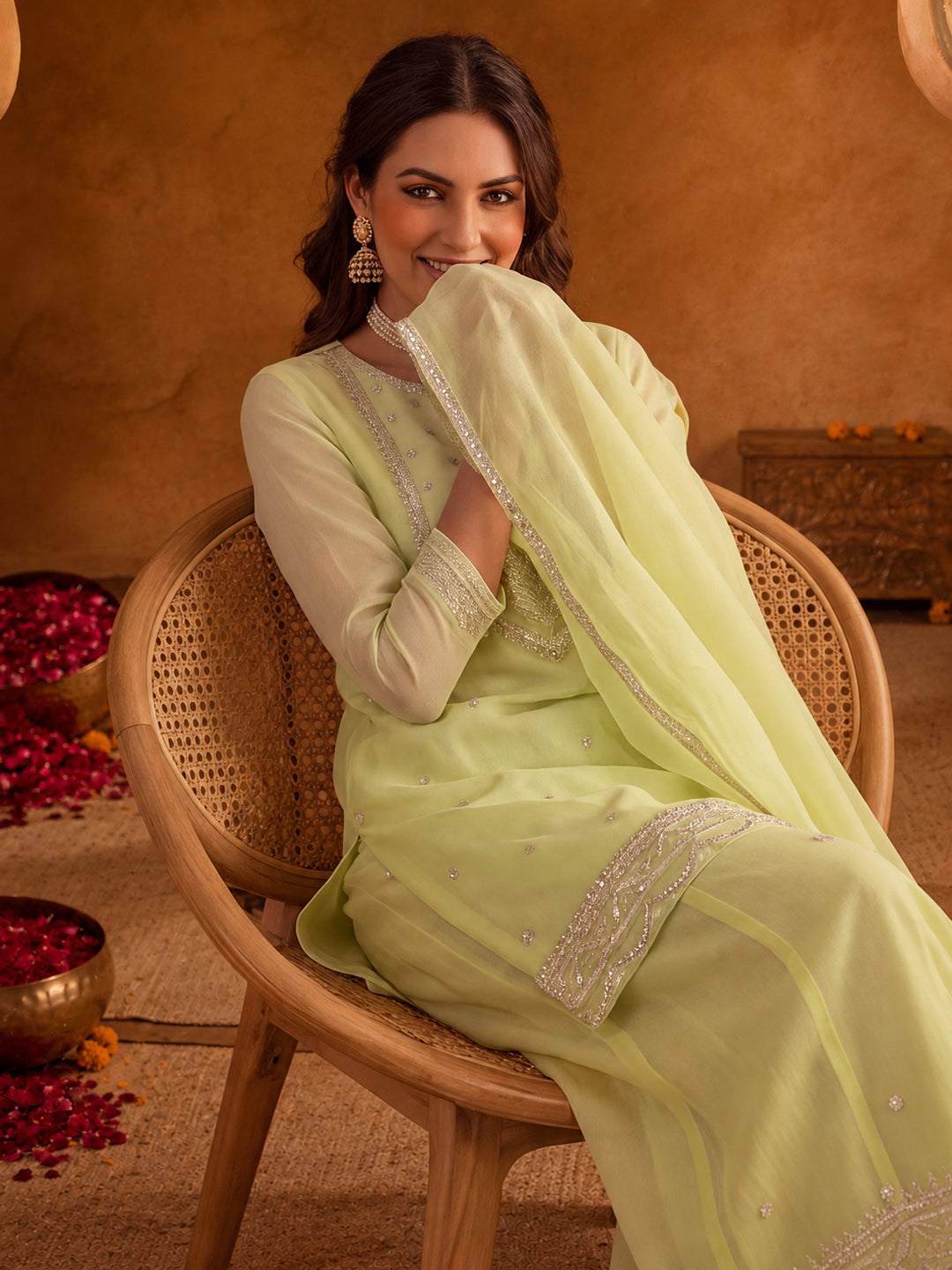 Women Embroidery Pista Green Kurta Set with Dupatta