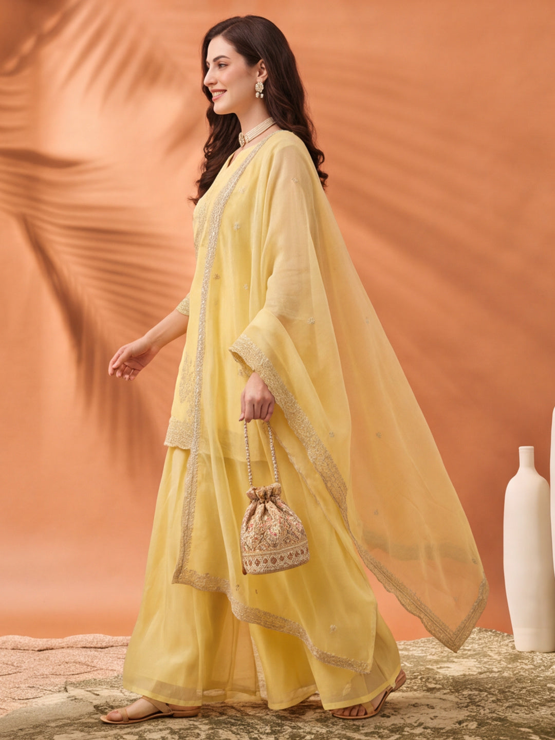 Women's Yellow Embroidered Kurta Palazzo Set with Dupatta | Festive Ethnic Party Wear Suit