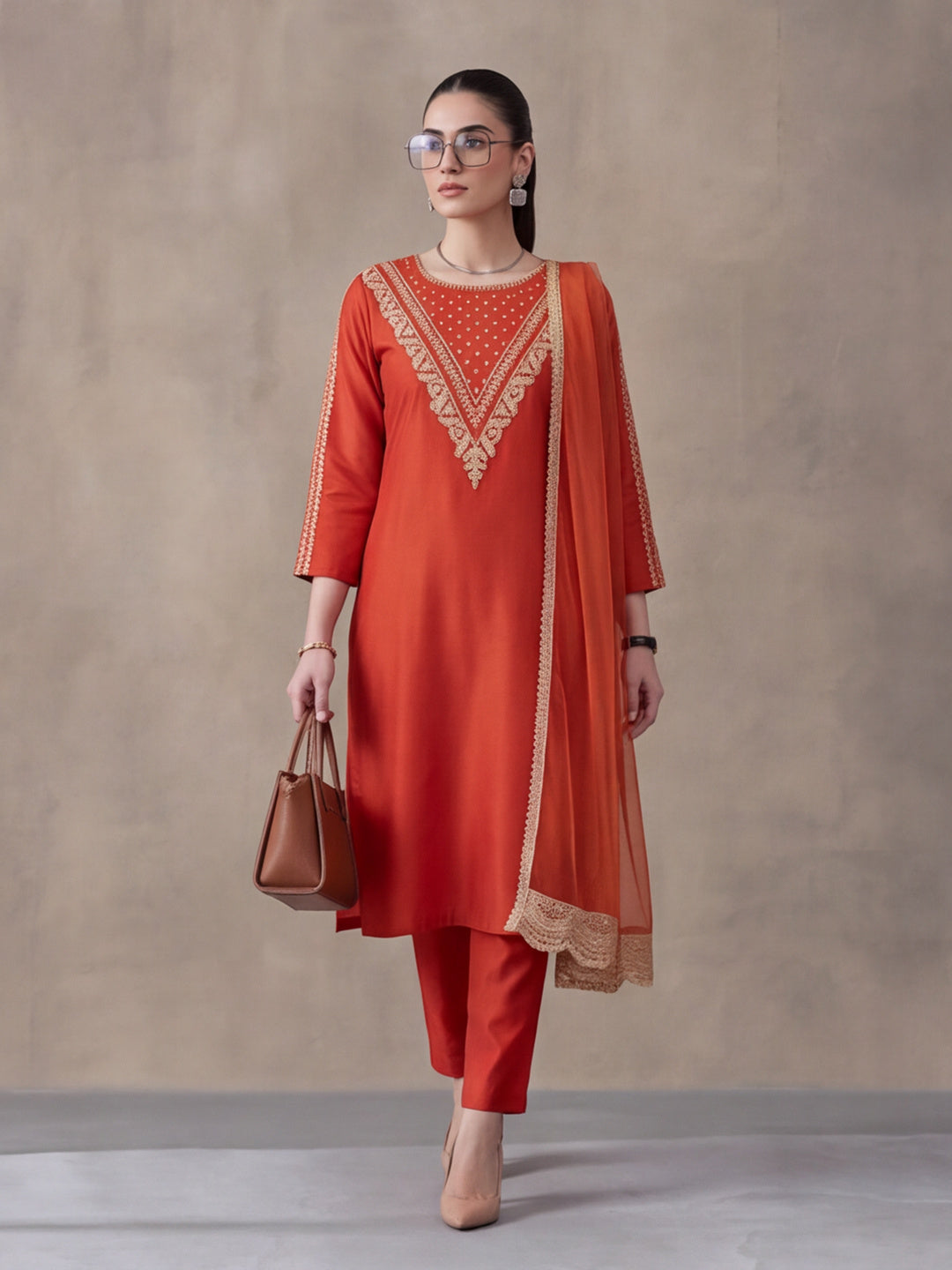 Women's Orange Embroidered Kurta Set with Dupatta | Festive Straight Ethnic Party Wear Suit