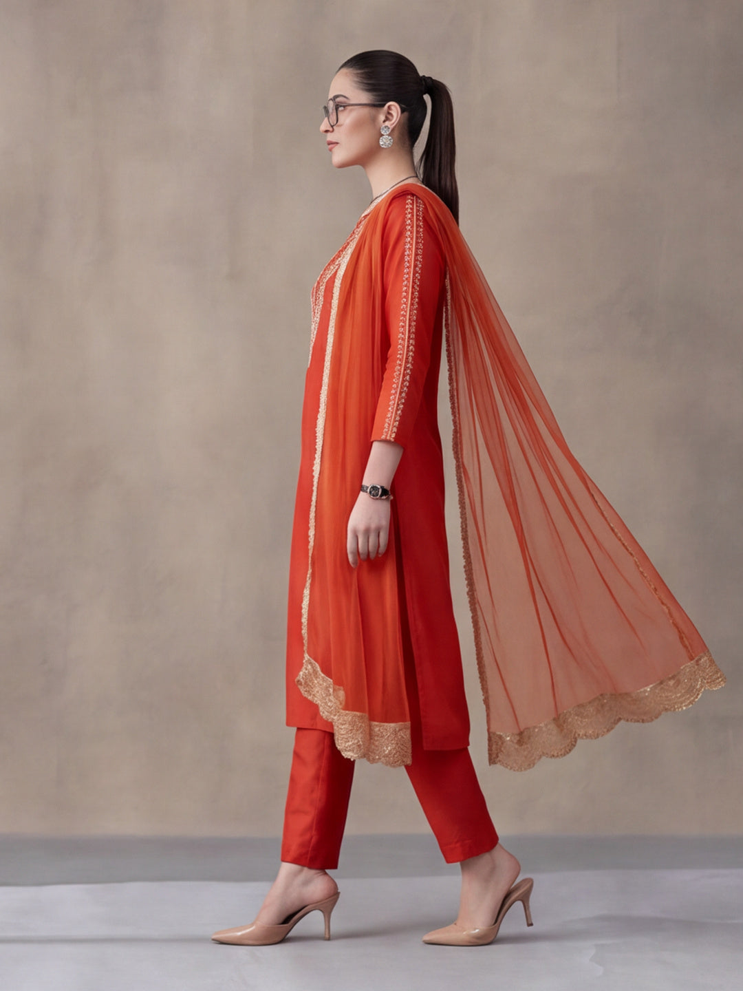 Women's Orange Embroidered Kurta Set with Dupatta | Festive Straight Ethnic Party Wear Suit