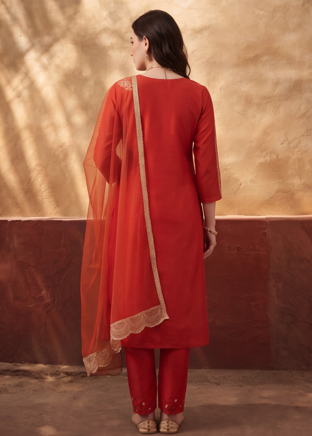 Women's Orange Embroidered Kurta Set with Dupatta | Festive Straight Ethnic Party Wear Suit