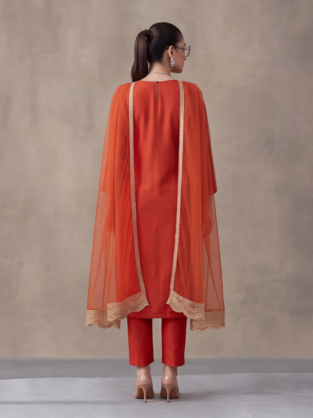 Women's Orange Embroidered Kurta Set with Dupatta | Festive Straight Ethnic Party Wear Suit