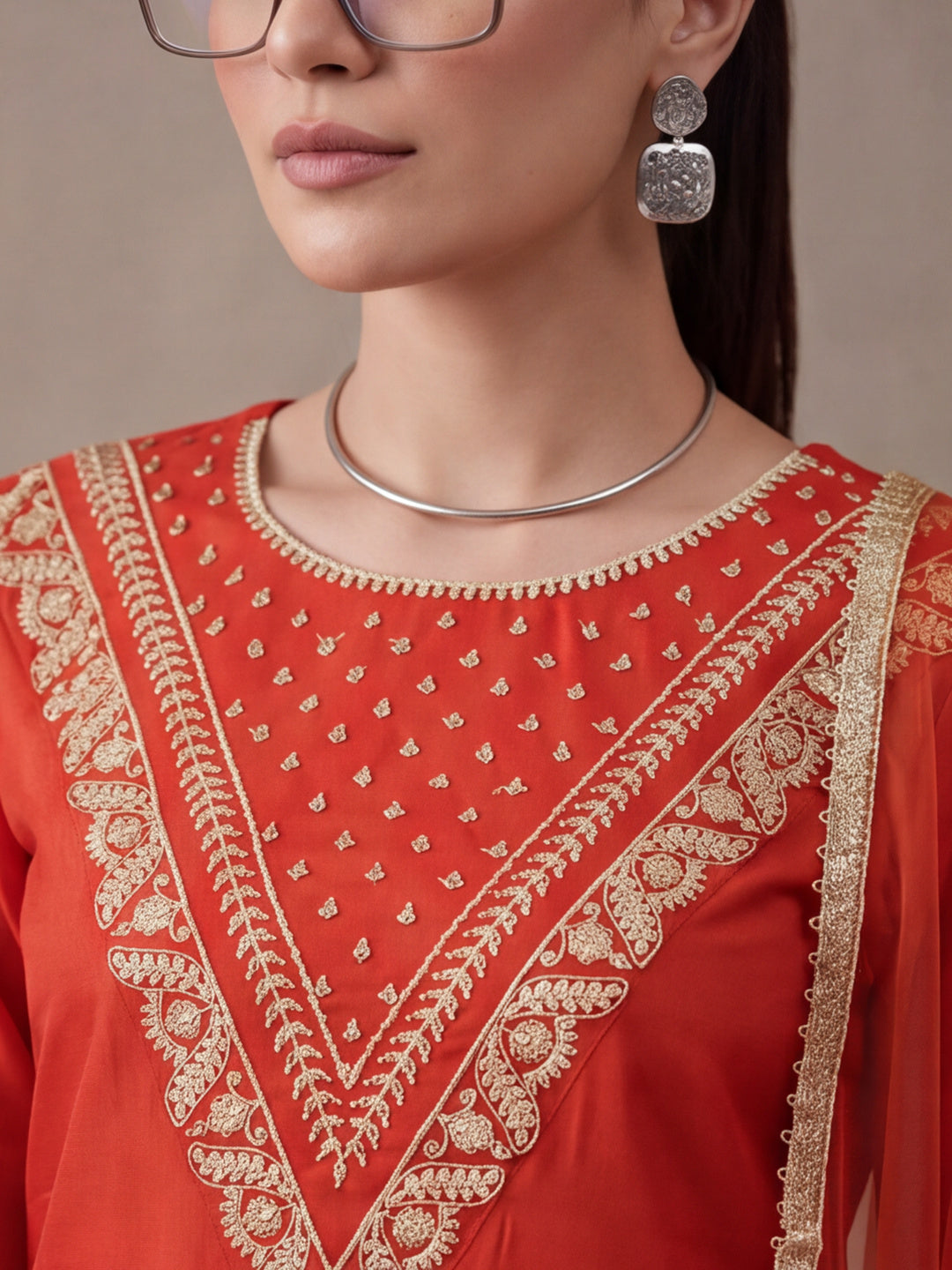 Women's Orange Embroidered Kurta Set with Dupatta | Festive Straight Ethnic Party Wear Suit