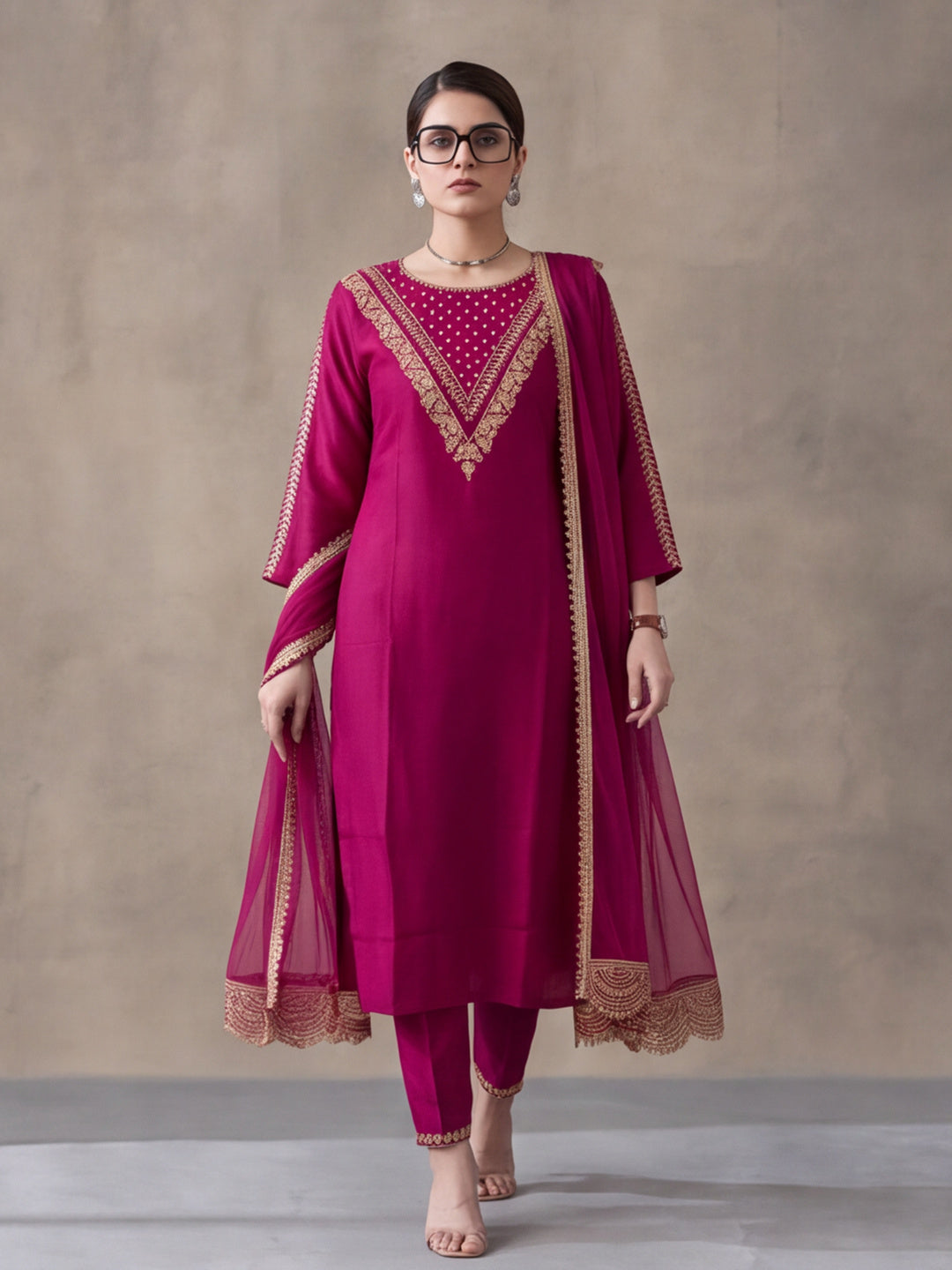 Women's Magenta Embroidered Kurta Set with Dupatta | Festive Straight Ethnic Party Wear Suit
