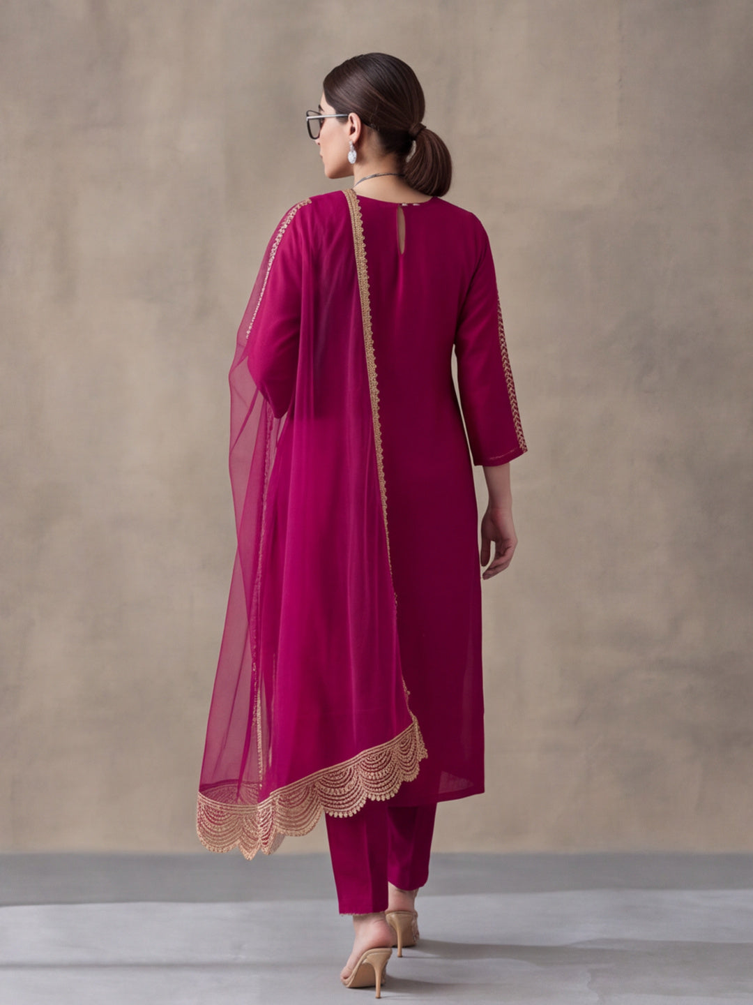 Women's Magenta Embroidered Kurta Set with Dupatta | Festive Straight Ethnic Party Wear Suit