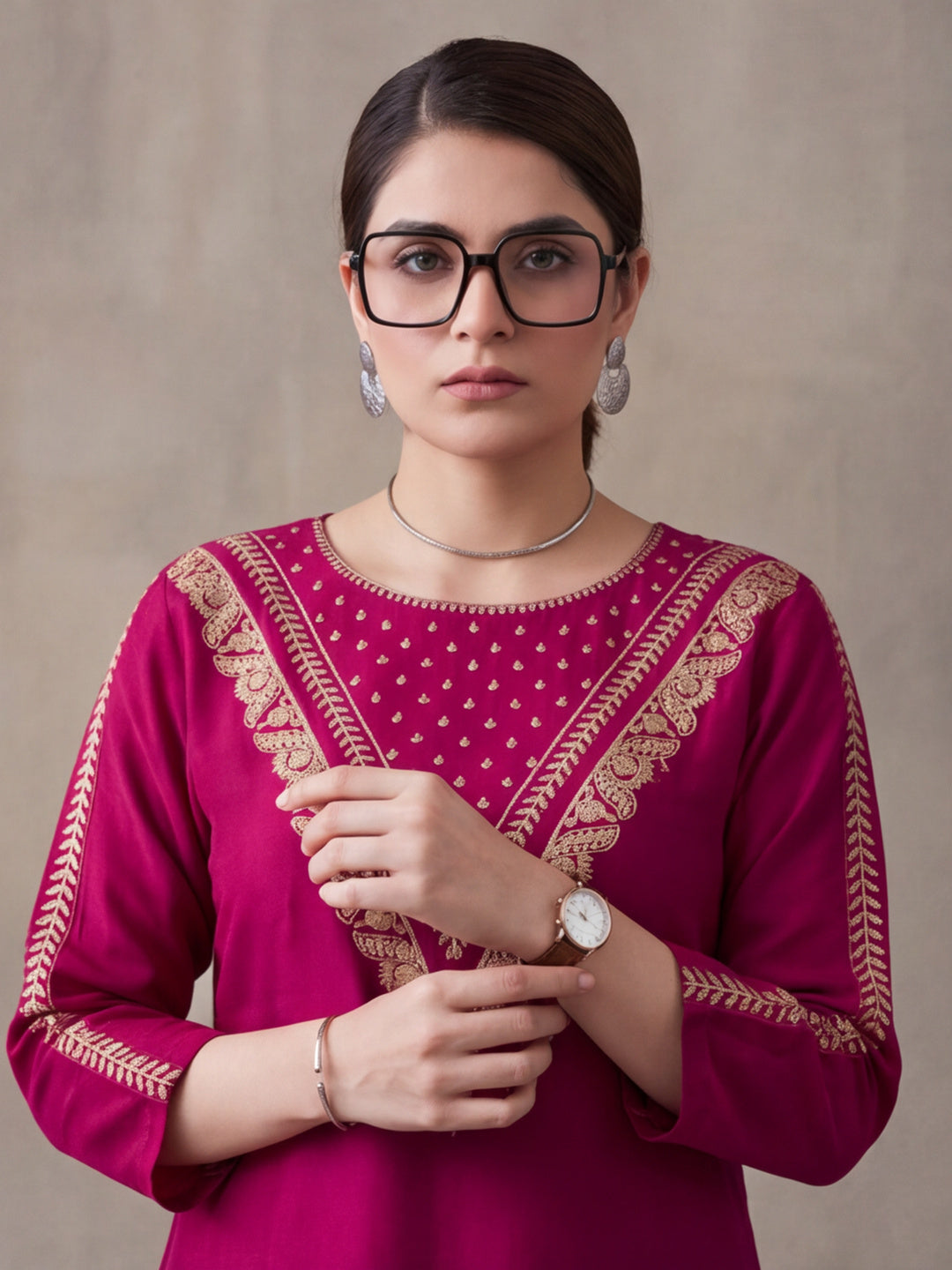 Women's Magenta Embroidered Kurta Set with Dupatta | Festive Straight Ethnic Party Wear Suit