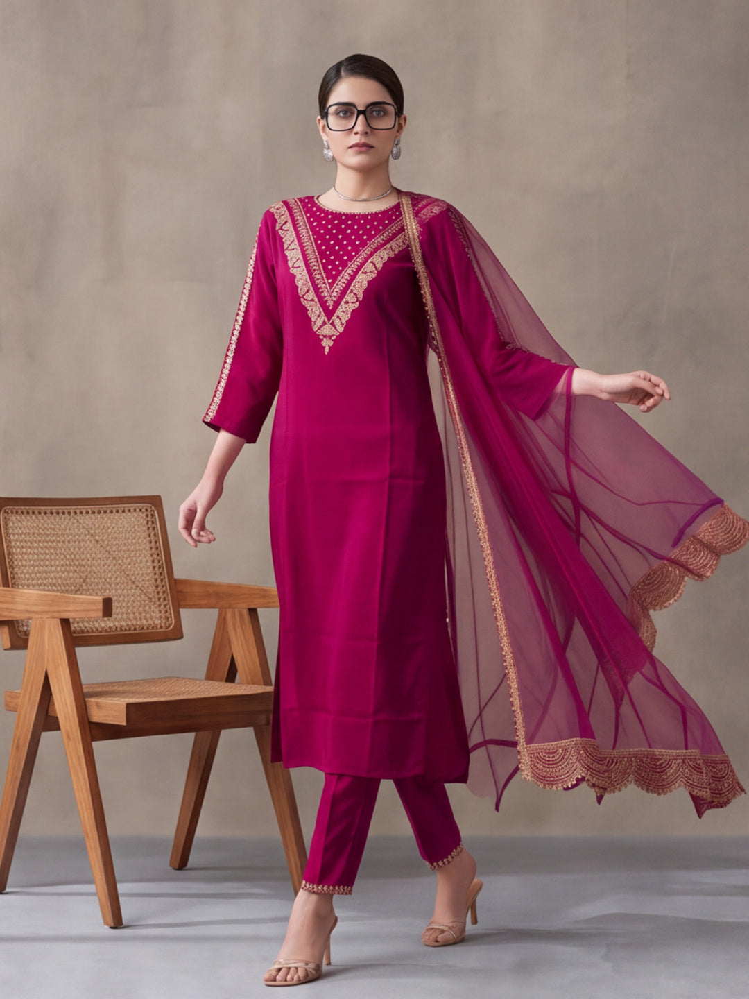 Women's Magenta Embroidered Kurta Set with Dupatta | Festive Straight Ethnic Party Wear Suit