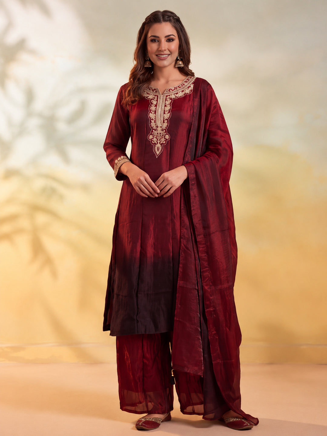 Women Embroidery Maroon Kurta Set with Dupatta