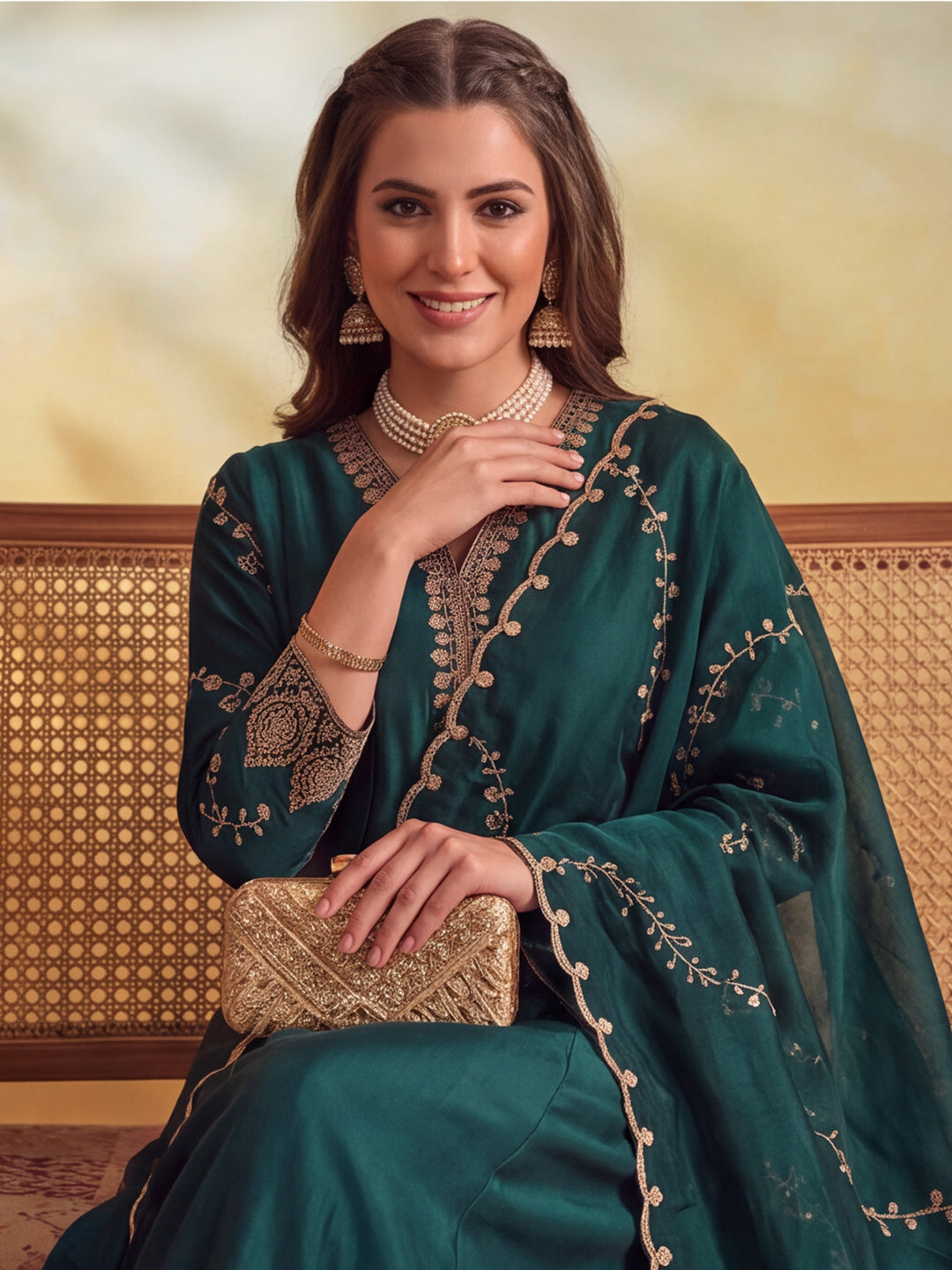 Women Embroidery Bottle Green Kurta Set with Dupatta
